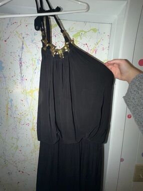 Black Halter long Romper with Gold Accent Neckline